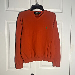 Y2K Polo Ralph Lauren Sweater Men Large Orange V Neck Pima Cotton Pullover Pony